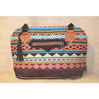 Torebka etniczna z ciemnobrązowej zamszowej skóry i wełnianej haftowanej tkaniny .